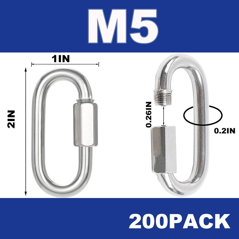 XHMAXE 200PCS 2 Inches Chain Quick Links, M5 Screw Galvanized Steel Heavy Duty Chain Links, 3/16" Locking Carabiners for Connecting Hammock, Key Chain, Pet Leash,Gym,Camping 650 Lbs Capacity - Image 2